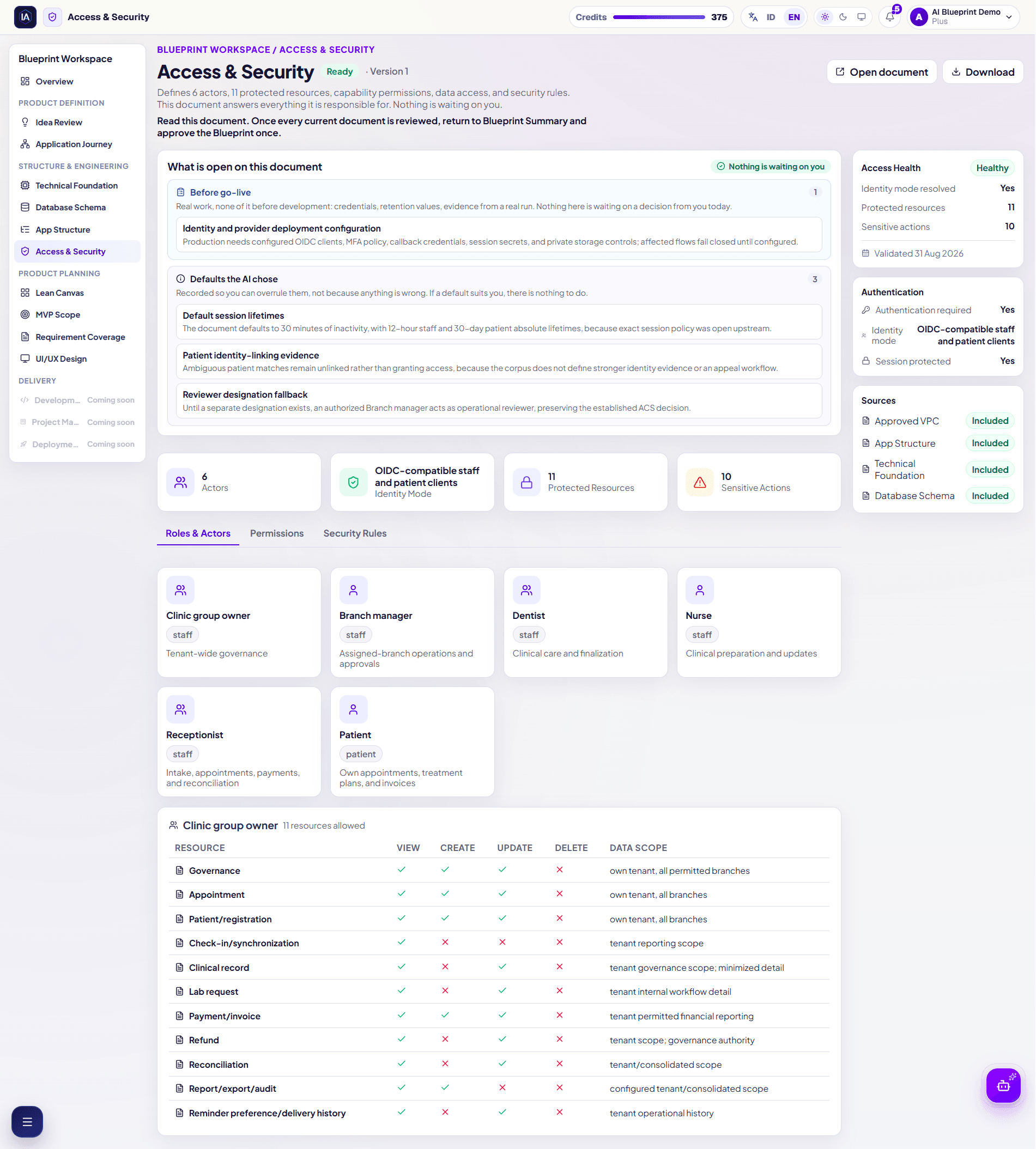 Access and Security page with roles and a permission matrix for the multi-tenant dental clinic.