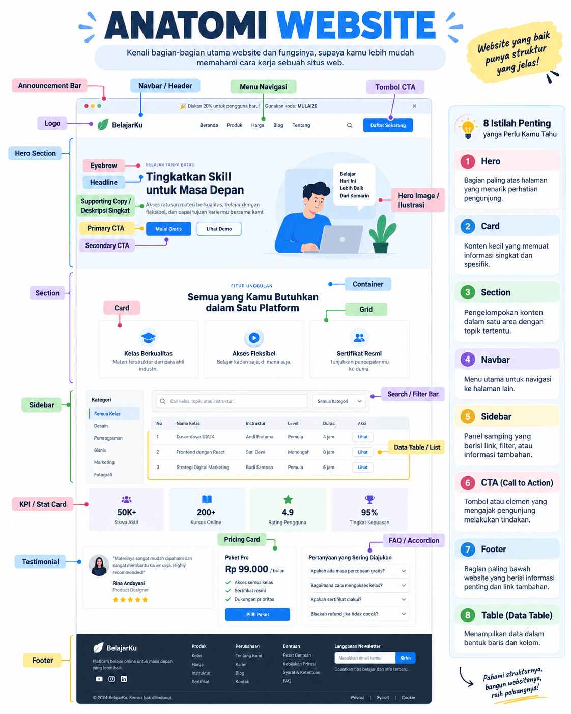 Diagram Anatomi Website dalam Bahasa Indonesia yang menunjukkan announcement bar, navbar, hero, section, card, sidebar, tabel, testimonial, pricing, FAQ, dan footer